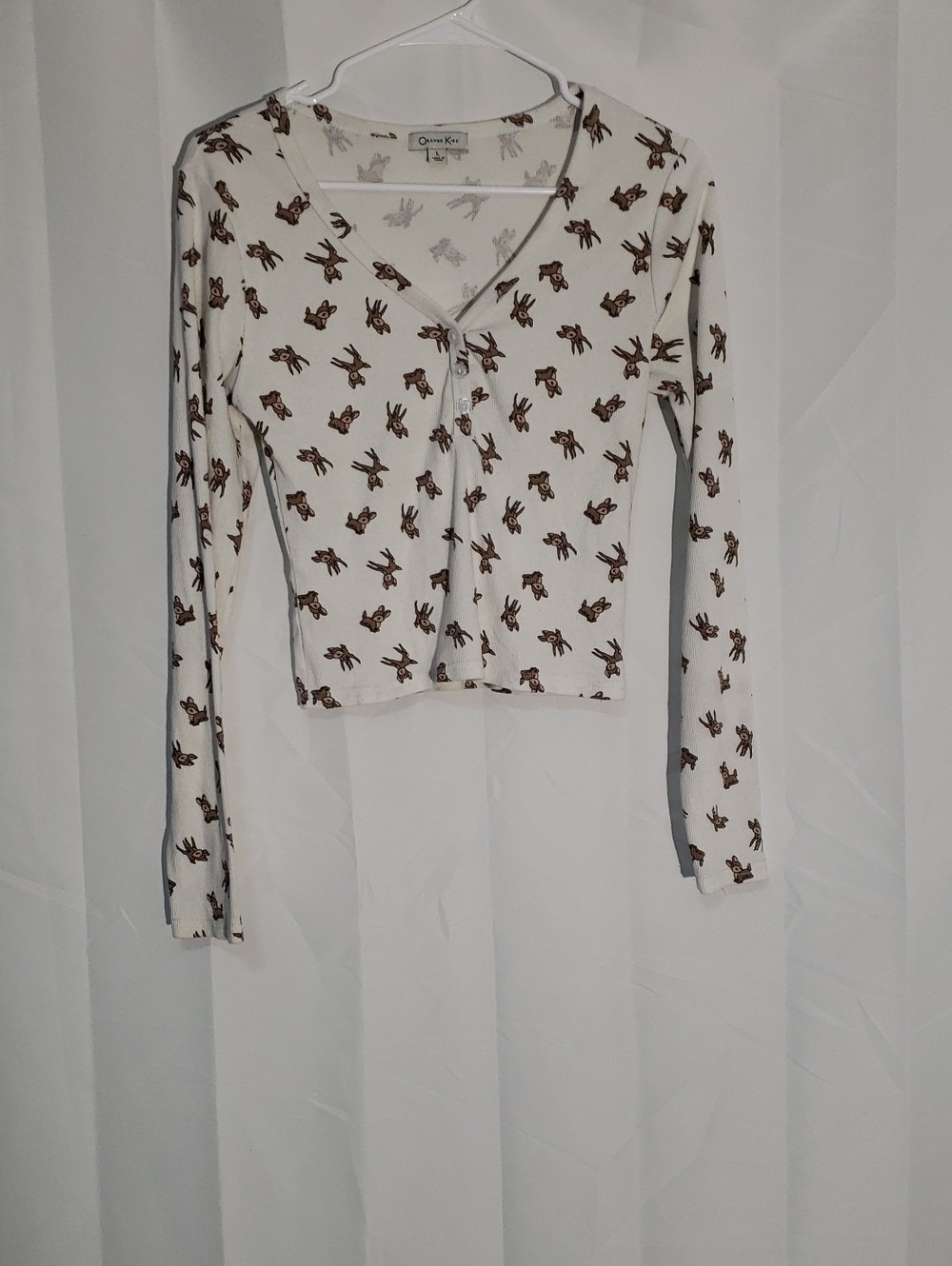 White Long-Sleeve Deer/Fawn Print Henley Top Bambiecore Ribbed Baby Tee Large